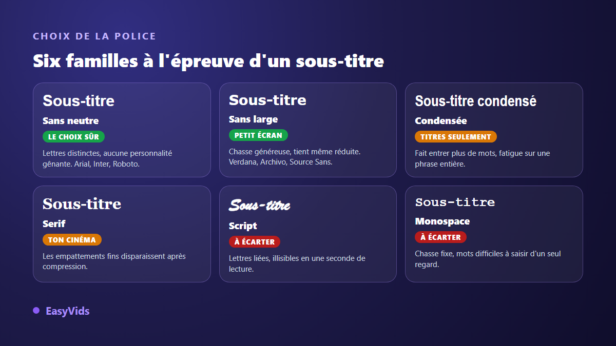 Comparaison de six familles de polices pour sous-titres, du sans serif neutre aux polices script à éviter