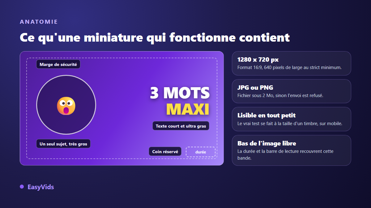 Anatomie d'une miniature YouTube efficace : dimensions 1280 x 720, sujet unique cadré serré, texte court et zones réservées par l'interface