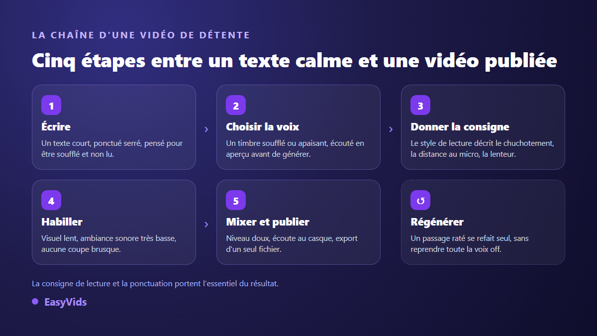 Les cinq étapes de production d'une vidéo ASMR avec une voix IA, de l'écriture au mixage