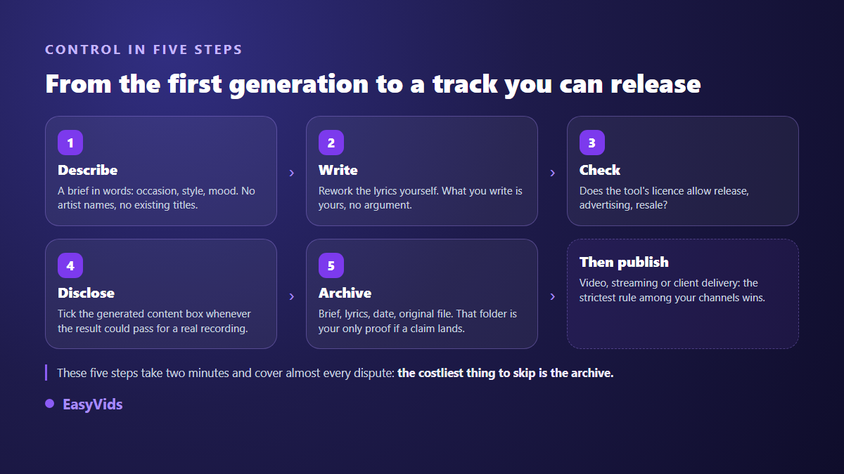 Control chain for AI generated music, from writing the brief to archiving the evidence