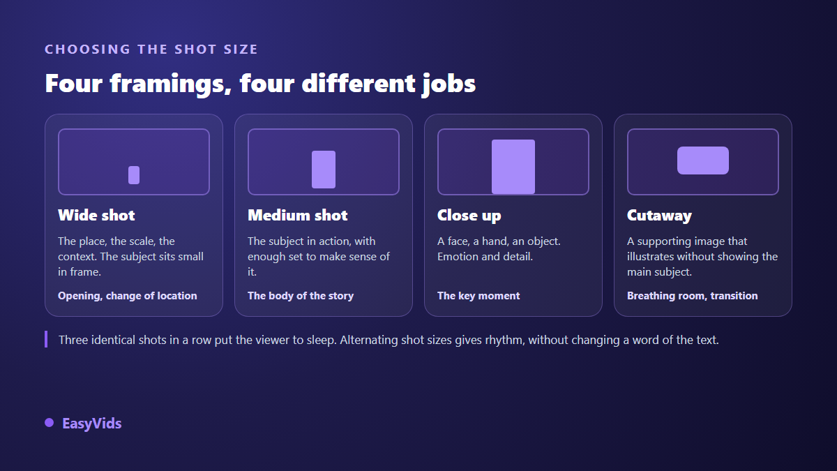 Four shot sizes for a video storyboard: wide shot, medium shot, close up and cutaway