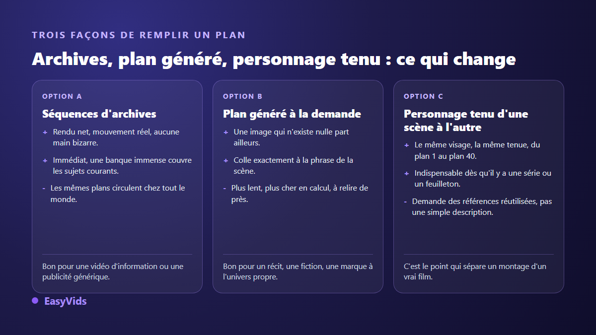 Comparaison entre séquences d'archives, plan généré à la demande et personnage tenu d'une scène à l'autre