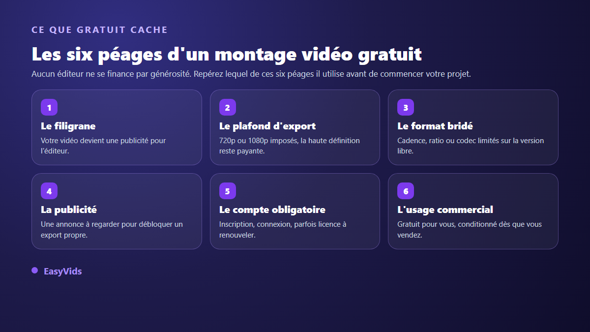 Les six limites cachées d'un logiciel de montage vidéo gratuit : filigrane, plafond d'export, format bridé, publicité, compte obligatoire et usage commercial restreint