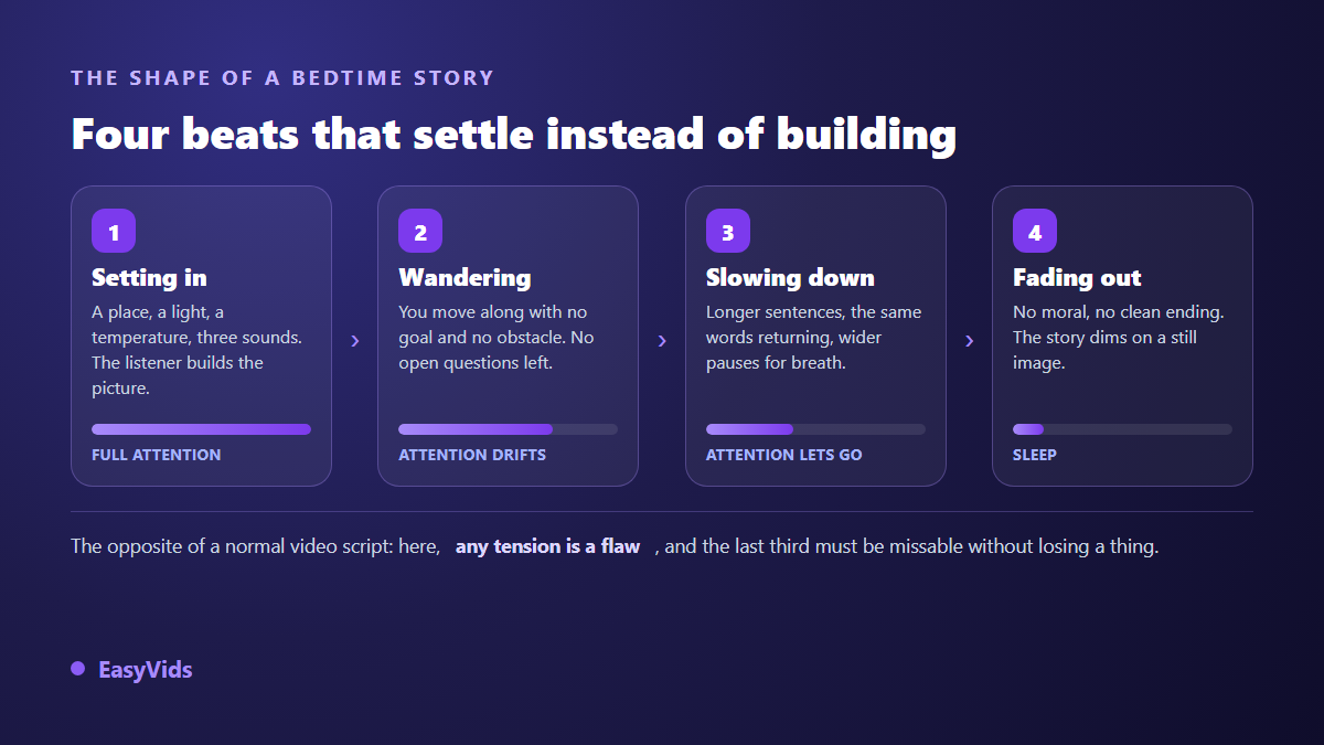 The four part arc of a bedtime story: setting in, wandering, slowing, fading out, with attention decreasing
