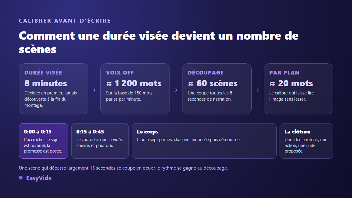 Calibrage d'une vidéo YouTube longue avec l'IA : durée visée, nombre de mots de voix off, nombre de scènes et structure de la narration