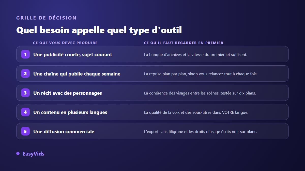 Grille de décision : quel type de générateur vidéo IA choisir selon le contenu à produire