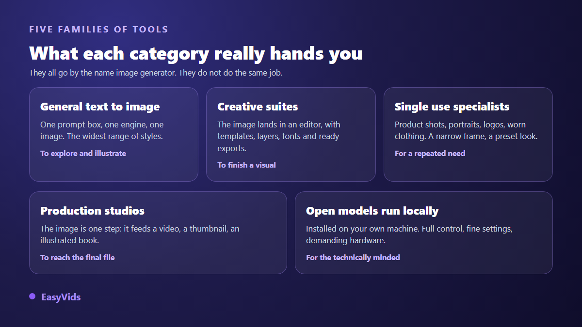 The five families of AI image generators: general text to image, creative suites, single use specialists, production studios, open models run locally