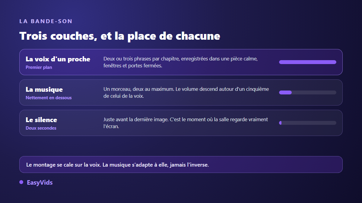 La bande-son d'une vidéo souvenir : la voix off au premier plan, la musique en dessous, une place pour le silence