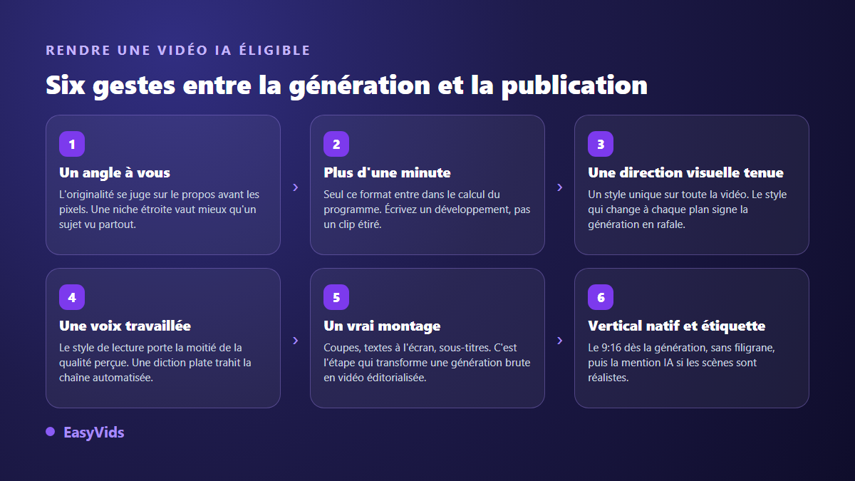 Les six étapes pour rendre une vidéo générée par IA éligible aux récompenses TikTok, de l'angle éditorial à la publication en format vertical