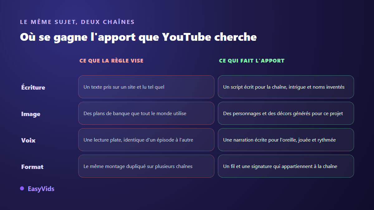 Comparaison entre une chaîne YouTube jugée réutilisée et une chaîne originale sur l'écriture, l'image, la voix et le format