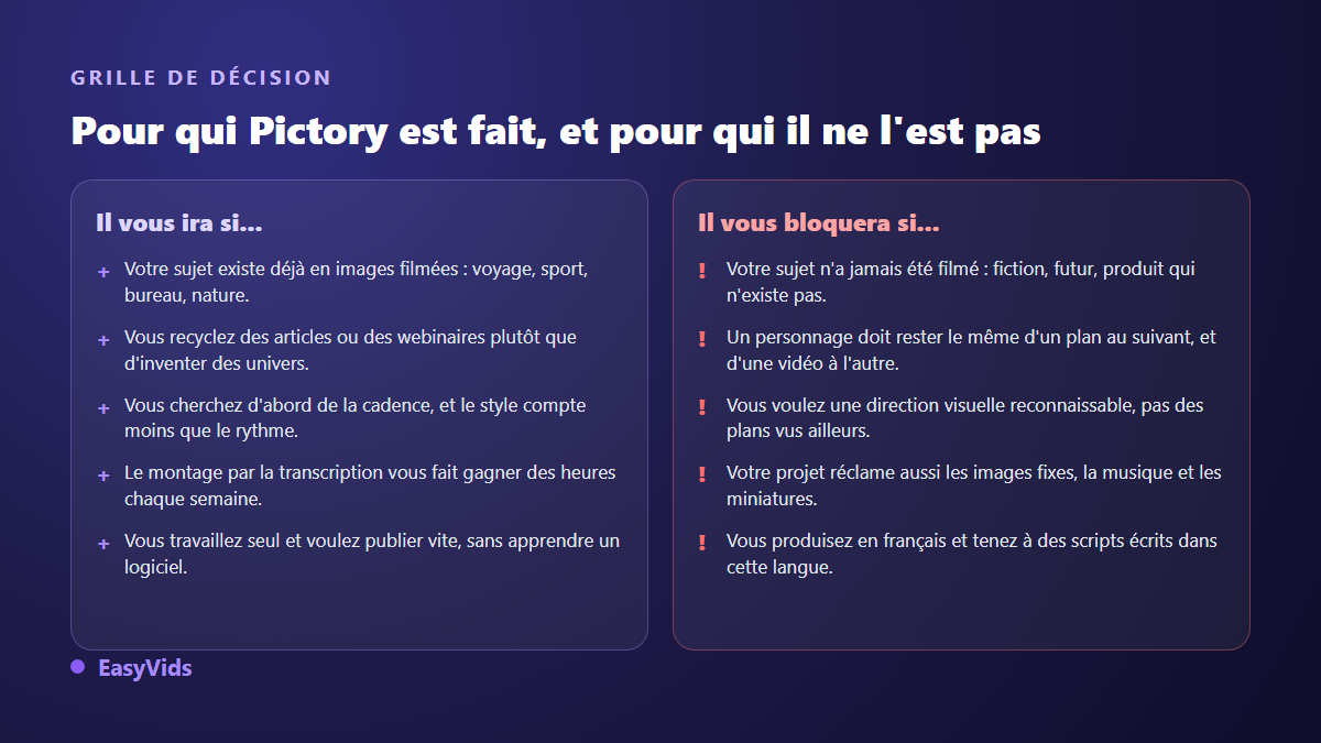 Grille de décision montrant pour quels projets Pictory convient et pour quels projets un studio de génération vidéo est nécessaire