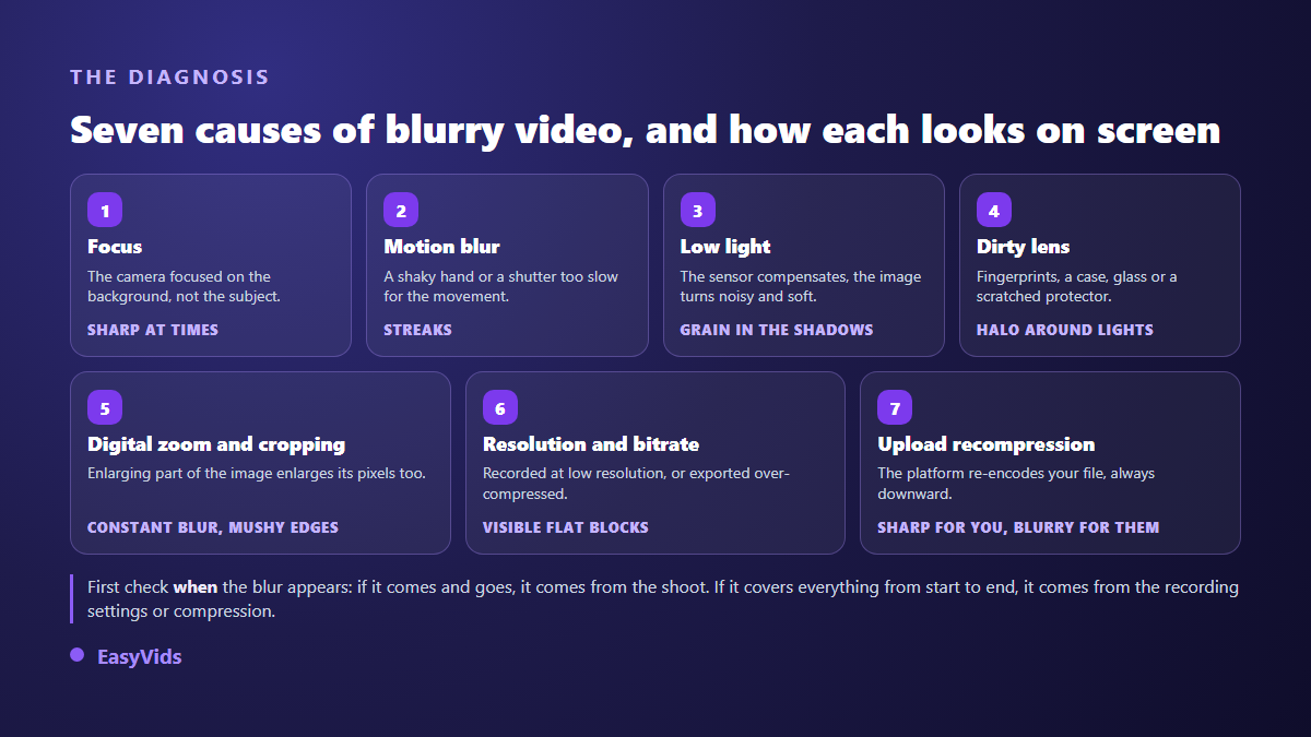 Seven causes of a blurry video and their on screen signature: focus, camera shake, low light, dirty lens, digital zoom, resolution, recompression