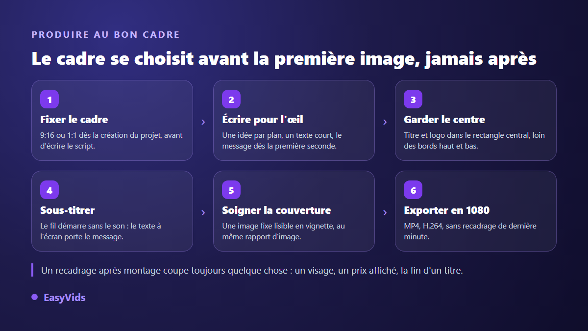 Les six étapes pour produire une vidéo Pinterest au bon cadre : format, écriture, zone centrale, sous-titres, couverture, export