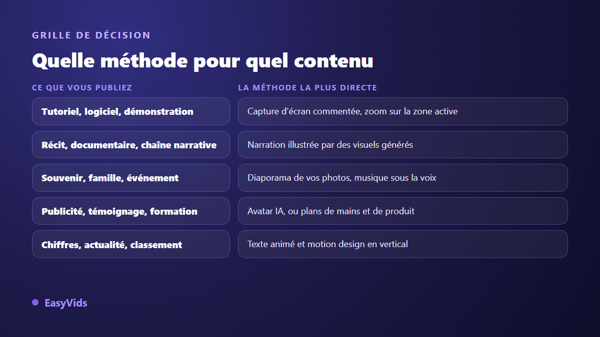 Grille de décision pour choisir une méthode de vidéo sans se filmer selon le type de contenu publié