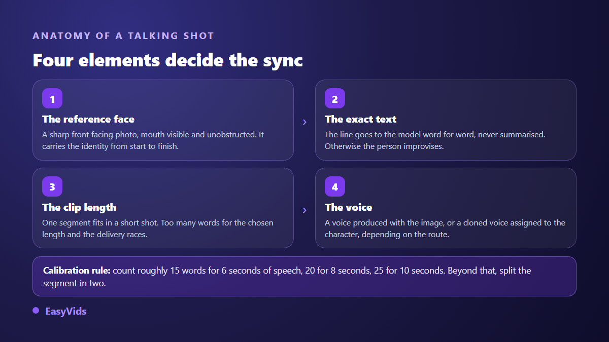 Anatomy of an AI generated talking shot: reference face, exact script, clip duration and synced voice