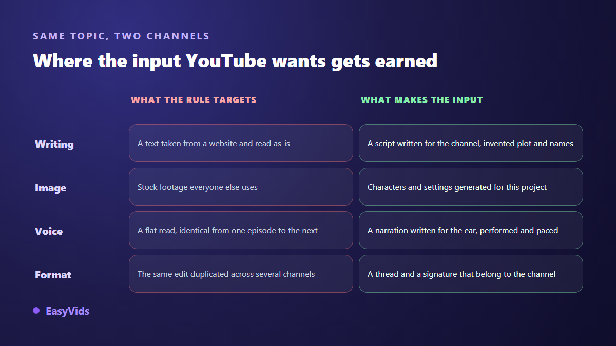 Comparison of a reused YouTube channel and an original one across writing, imagery, voice and format