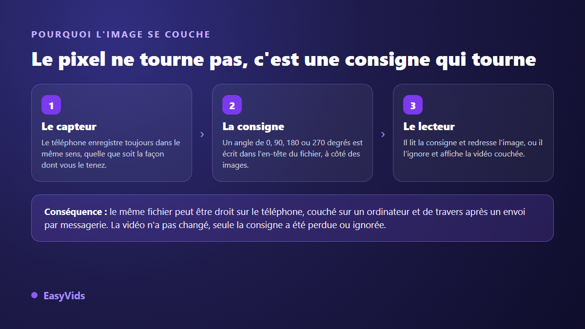 Schéma expliquant pourquoi une vidéo de téléphone s'affiche couchée : capteur, consigne d'orientation dans le fichier, lecteur