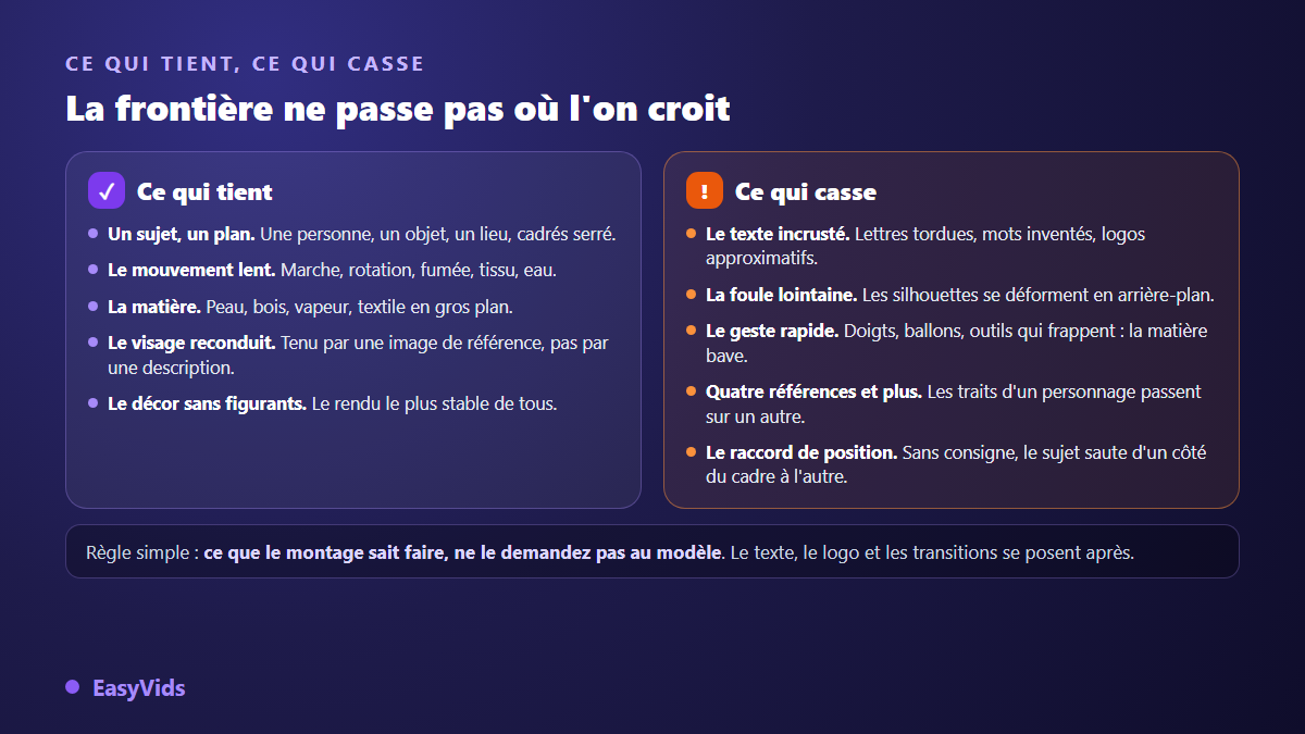 Ce qui tient et ce qui casse dans une vidéo générée par IA : sujet unique et mouvement lent contre texte incrusté et foule