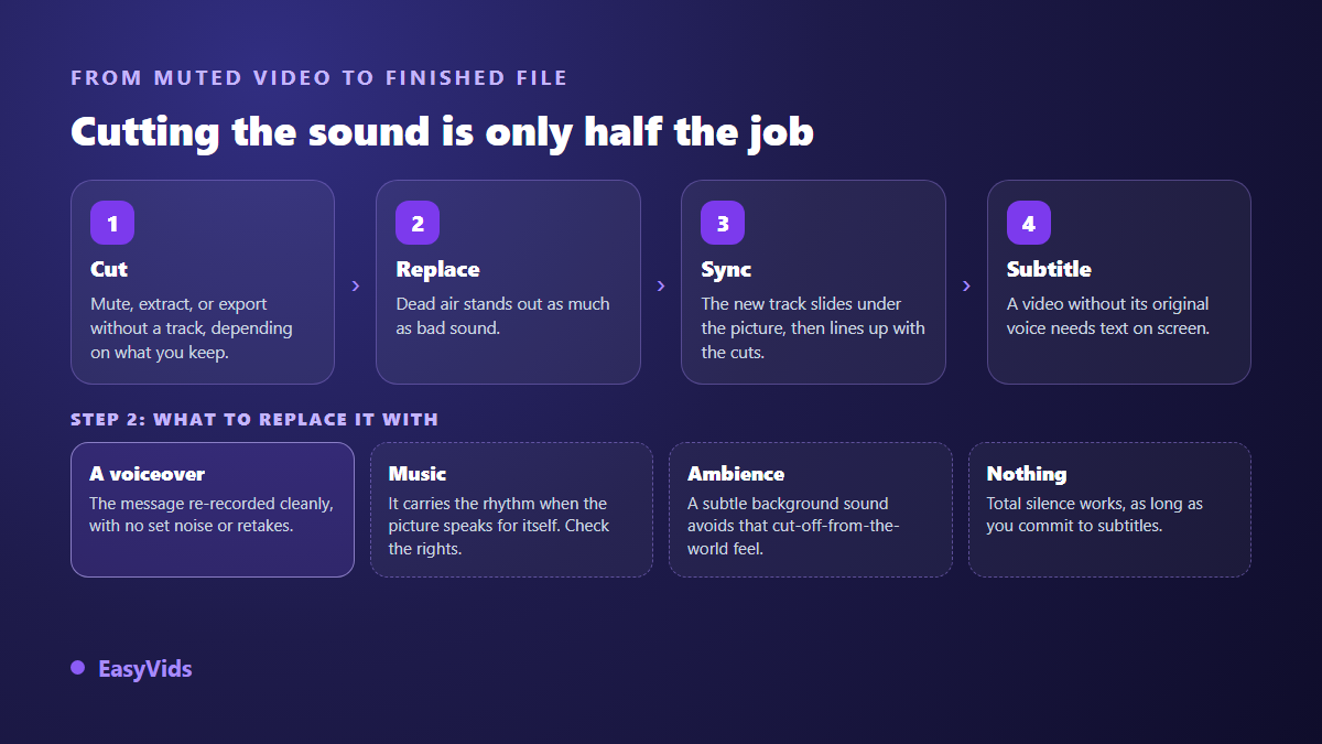 Full chain for replacing the sound of a video: cut the audio, pick a voice over or music, sync it and add captions