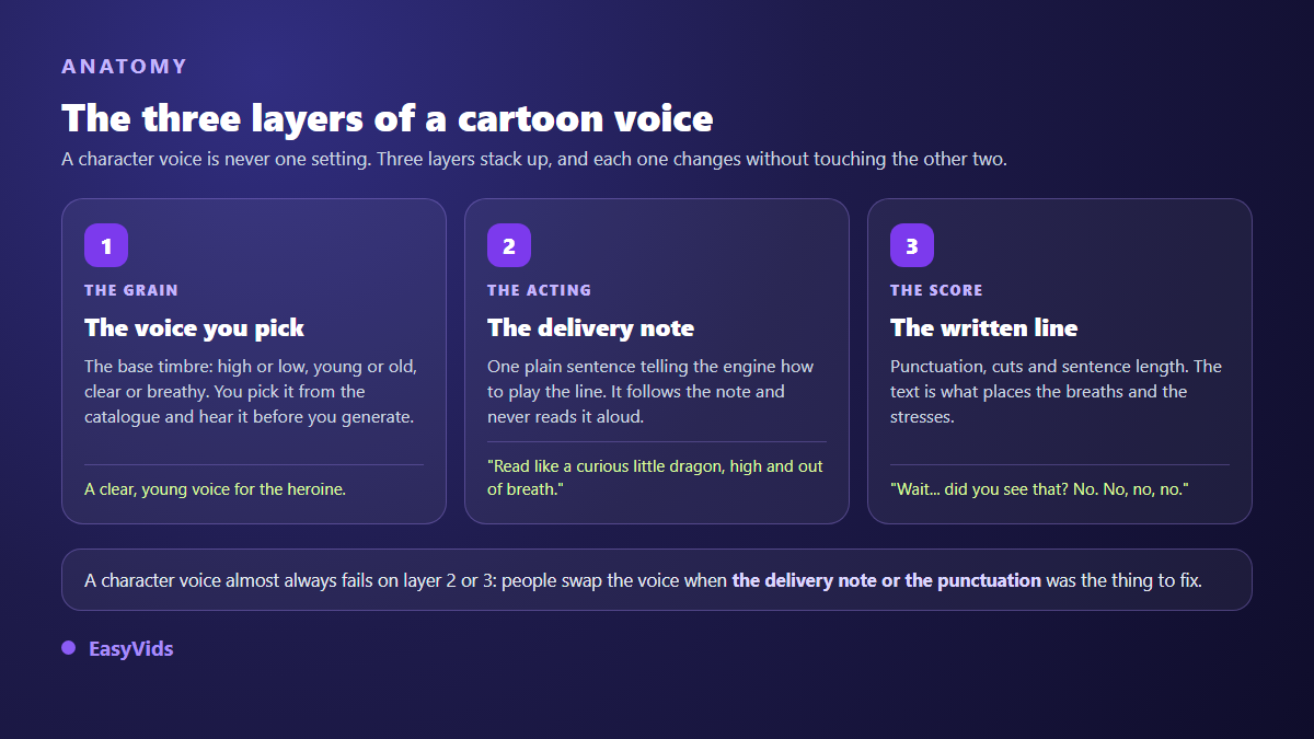 The three layers of an AI cartoon voice: the chosen timbre, the performance direction and the punctuation of the line