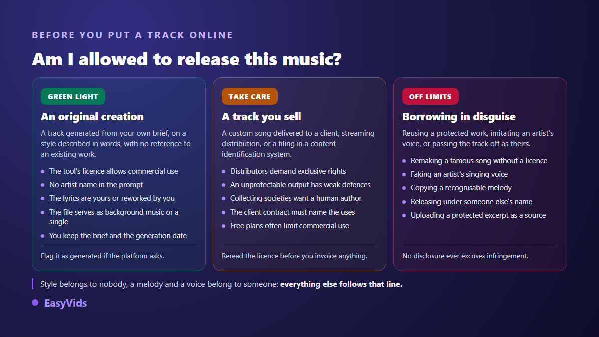 Decision grid showing when AI generated music can be published, sold, or must be discarded