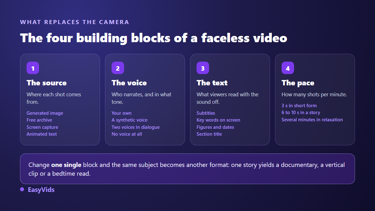 The four building blocks of a faceless video: image source, voice, on screen text and editing rhythm