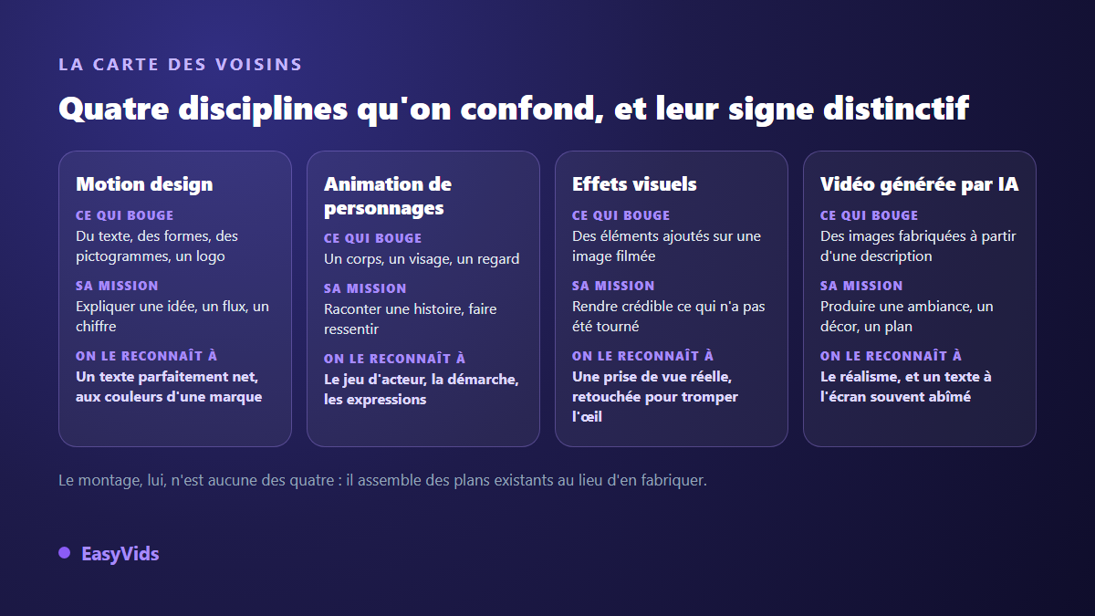 Comparaison du motion design, de l'animation de personnages, des effets visuels et de la vidéo générée par IA : ce qui bouge, à quoi ça sert, comment les reconnaître