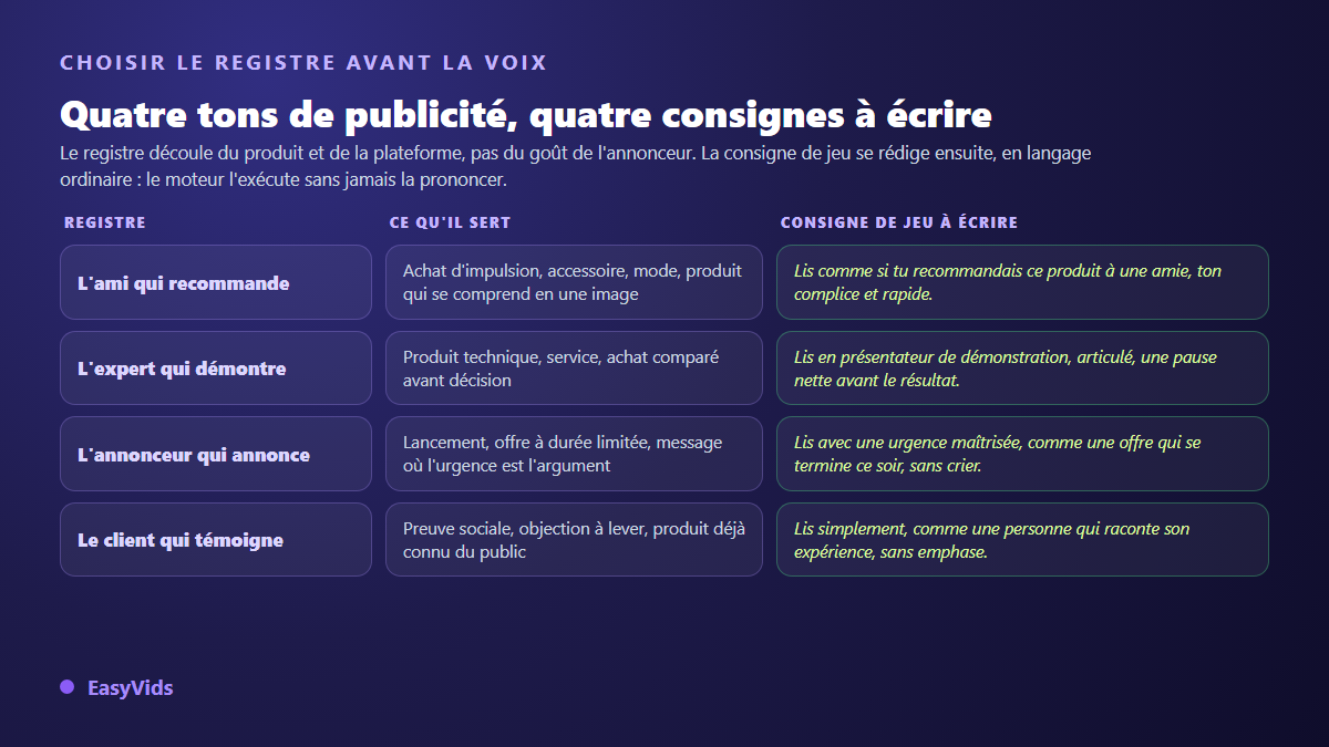 Quatre registres de voix off publicitaire avec leur usage commercial et la consigne de jeu à écrire pour chacun