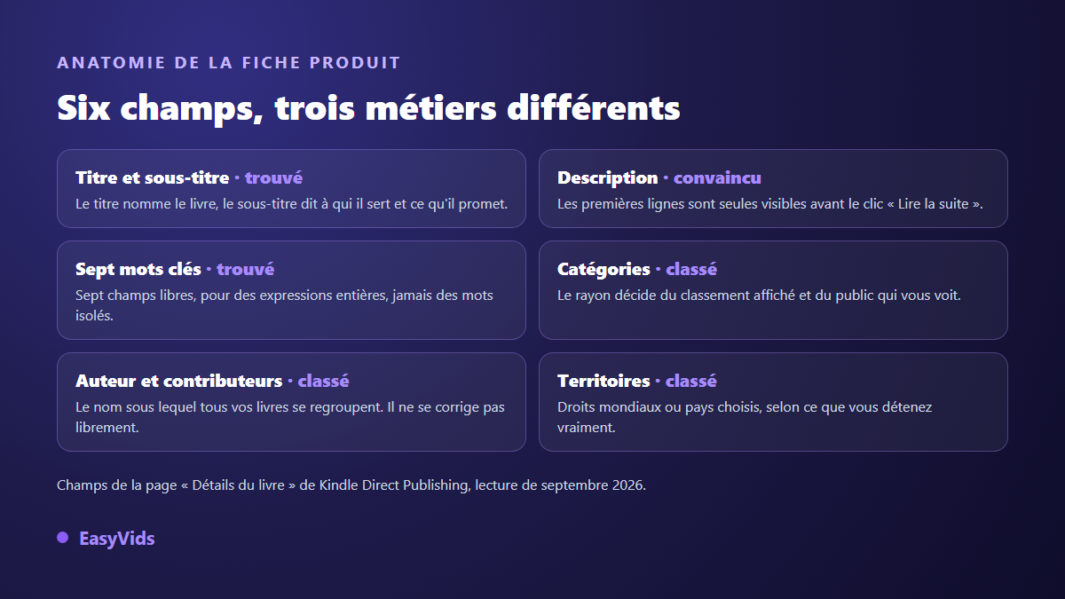 Anatomie de la fiche produit KDP : titre et sous-titre, description, sept mots clés, catégories, auteur, territoires