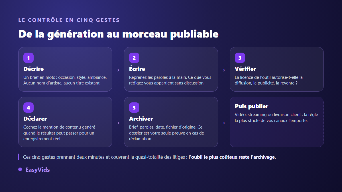 Chaîne de contrôle d'une musique générée par IA, de la description du brief à l'archivage des preuves