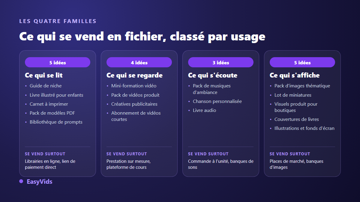 Les quatre familles de produits numériques à créer avec l'IA : à lire, à regarder, à écouter, à afficher, avec leurs canaux de vente