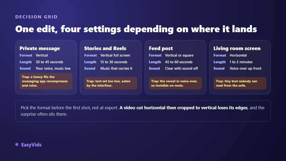 Decision grid for the format and length of a pregnancy announcement video by destination, private message, story, feed post or television