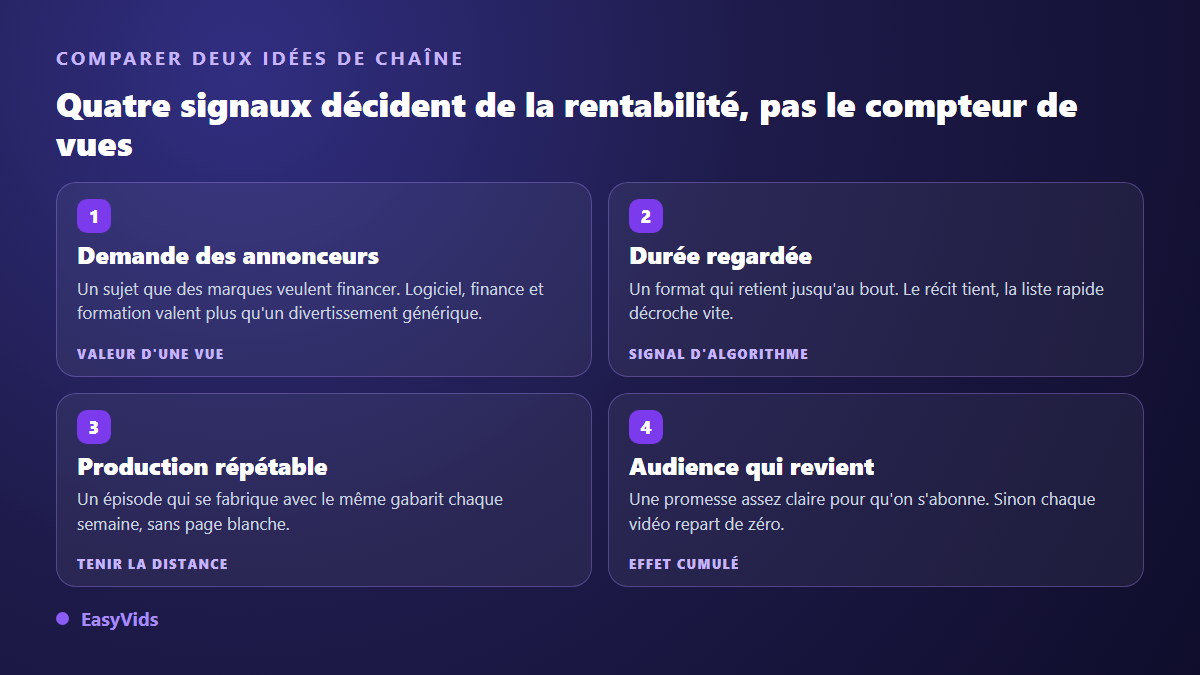 Les quatre critères d'une niche YouTube rentable : demande des annonceurs, durée regardée, production répétable, audience fidèle