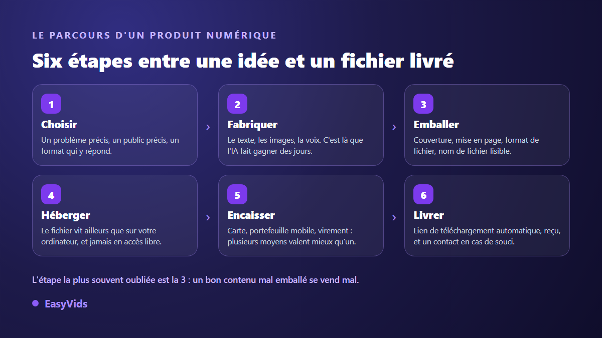 Les six étapes pour vendre un produit numérique : choisir, fabriquer, emballer, héberger, encaisser et livrer le fichier