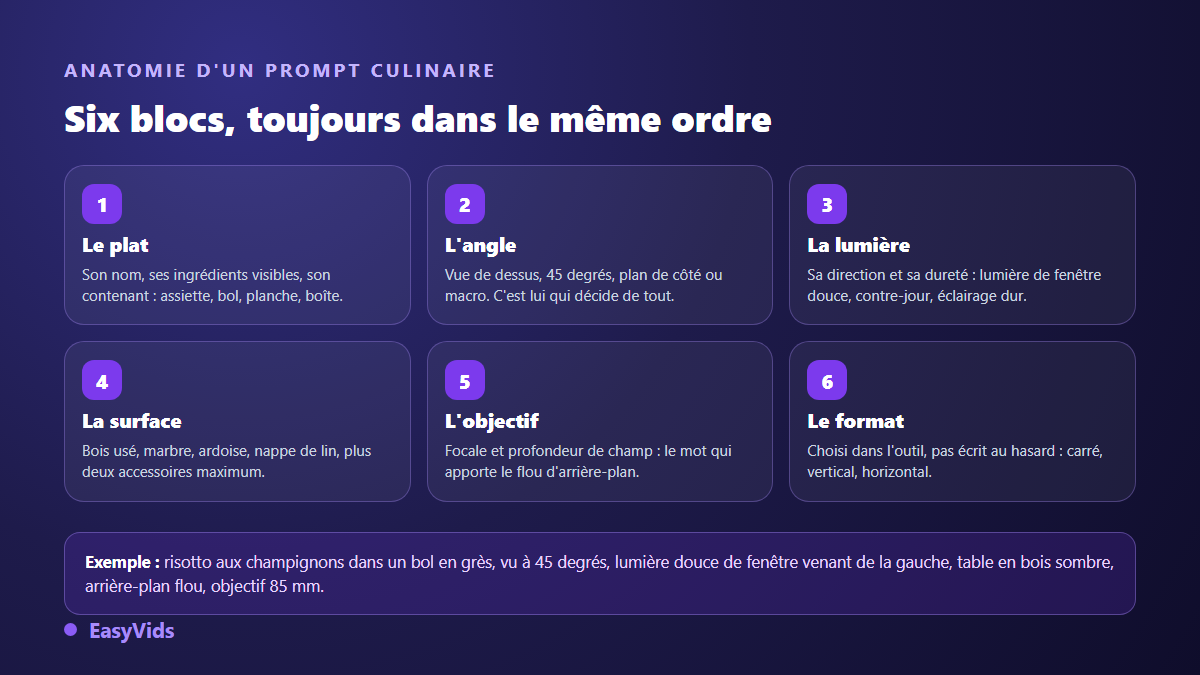 Les six blocs d'un prompt de photo culinaire IA : le plat, l'angle, la lumière, la surface, l'objectif et le format