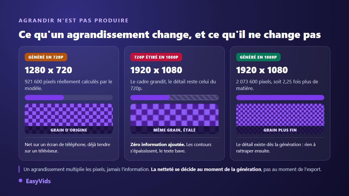 Comparaison entre une vidéo IA générée en 720p, la même agrandie en 1080p et une génération native en 1080p