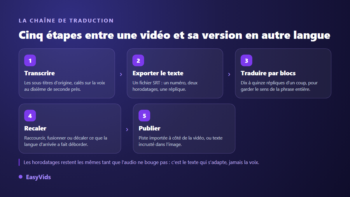 Les cinq étapes pour traduire des sous-titres : transcrire, exporter le fichier, traduire par blocs, recaler les répliques, publier