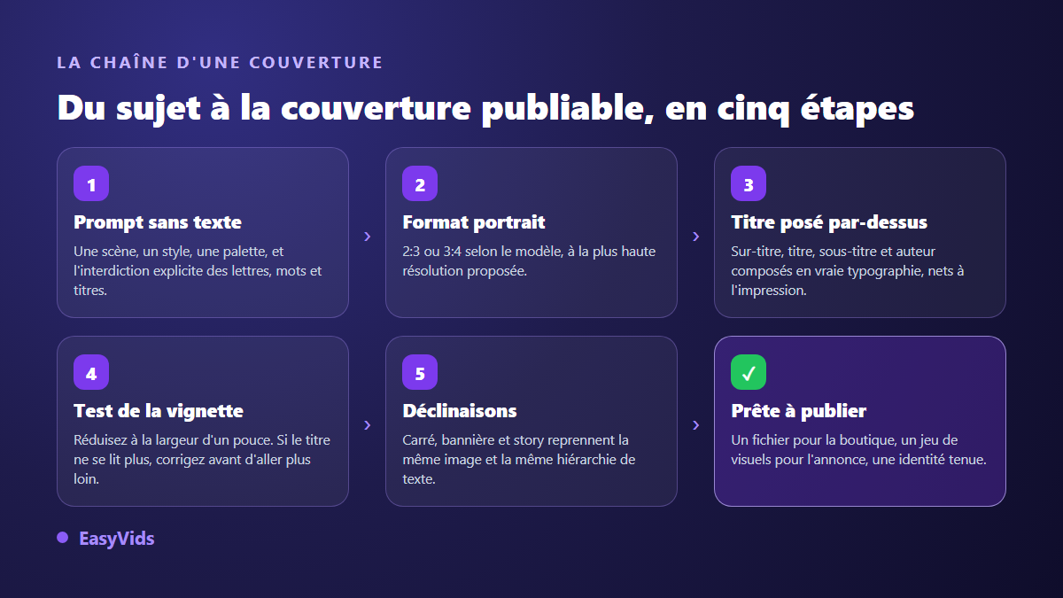 Les cinq étapes d'une couverture de livre générée par IA : prompt sans texte, format portrait, titre posé par-dessus, test de la vignette, déclinaisons