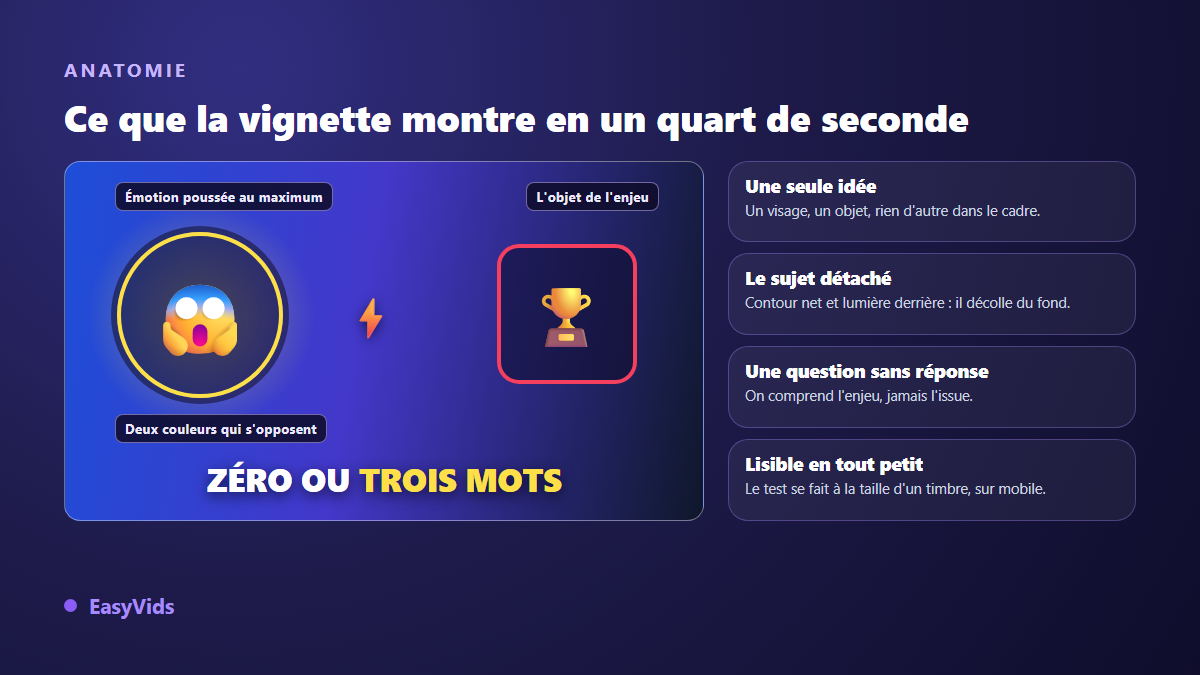 Anatomie d'une miniature virale : visage en gros plan, objet de l'enjeu, deux couleurs opposées et trois mots au maximum