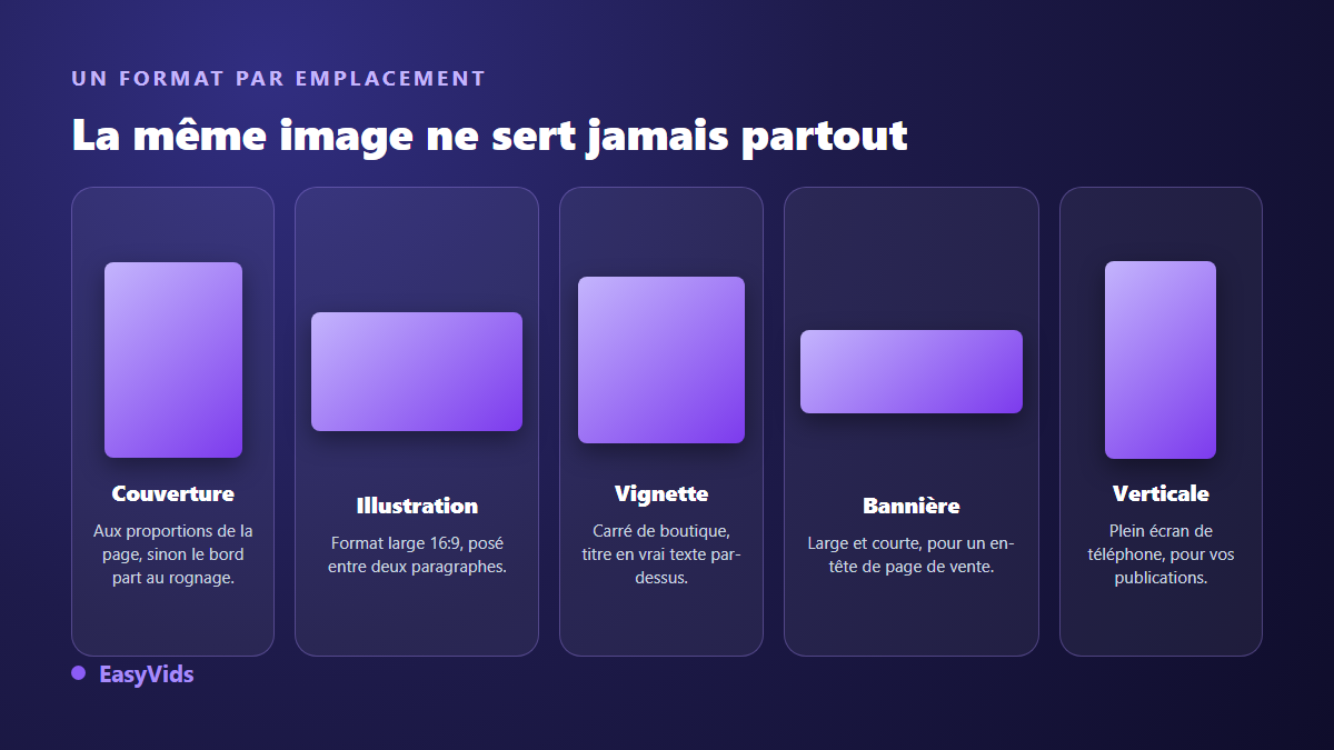 Les formats d'images d'un ebook : couverture aux proportions de la page, illustration intérieure large, vignette carrée, bannière et visuel vertical