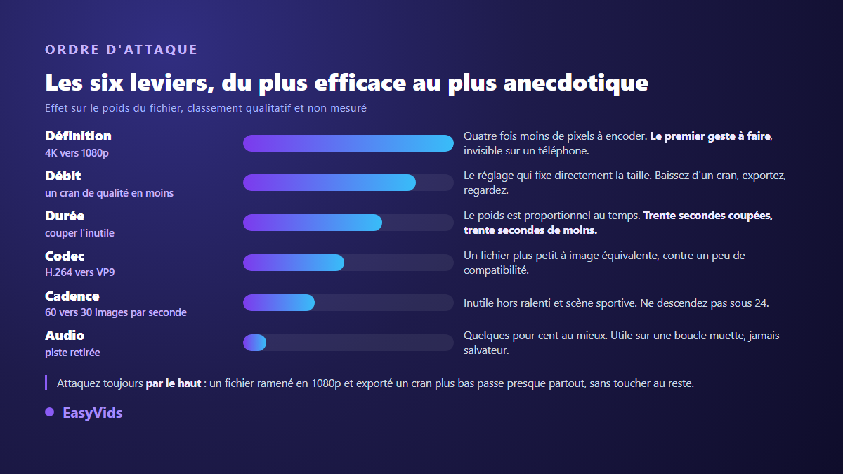 Classement des six leviers pour alléger une vidéo, de la définition à la piste audio