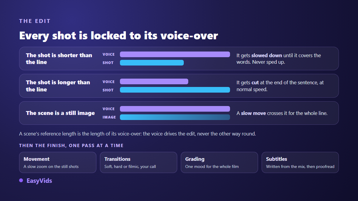 How the edit fits every AI short film shot to the length of its voice over