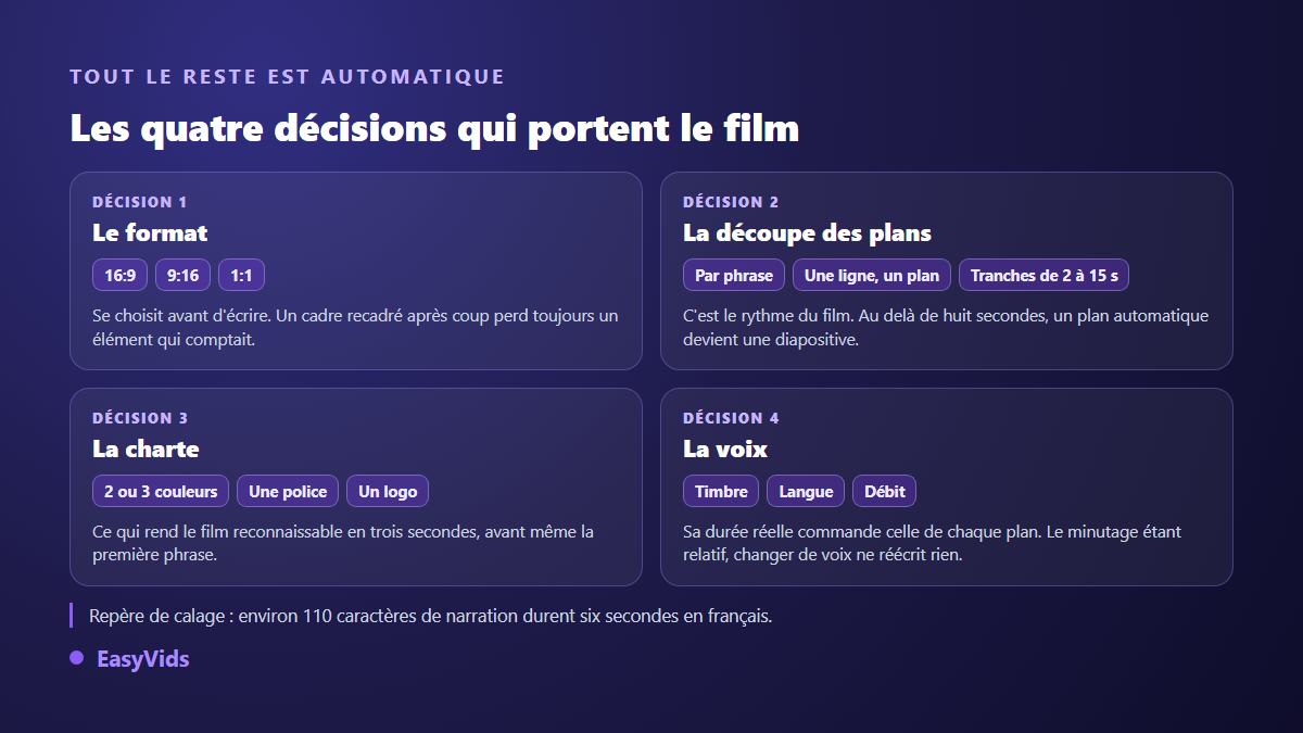 Les quatre réglages d'une vidéo animée automatisée : format, découpe des plans, charte graphique et voix off