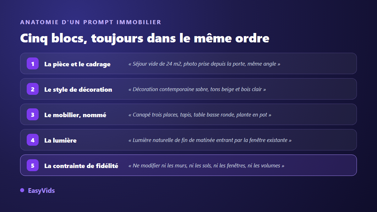 Anatomie d'un prompt de home staging virtuel en cinq blocs : pièce et cadrage, style de décoration, mobilier, lumière, contrainte de fidélité