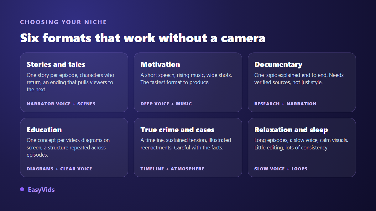 Six faceless YouTube channel formats: stories, motivation, documentary, education, true crime and relaxation