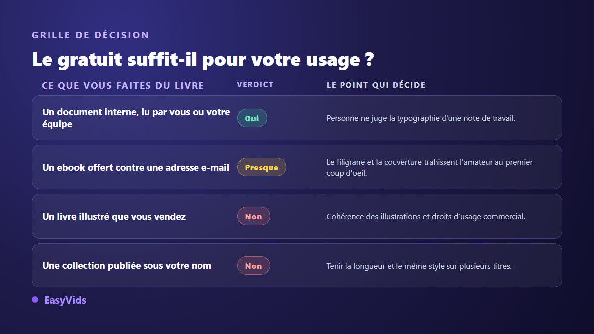 Grille de décision : quand un générateur d'ebook gratuit suffit et quand il faut un outil complet