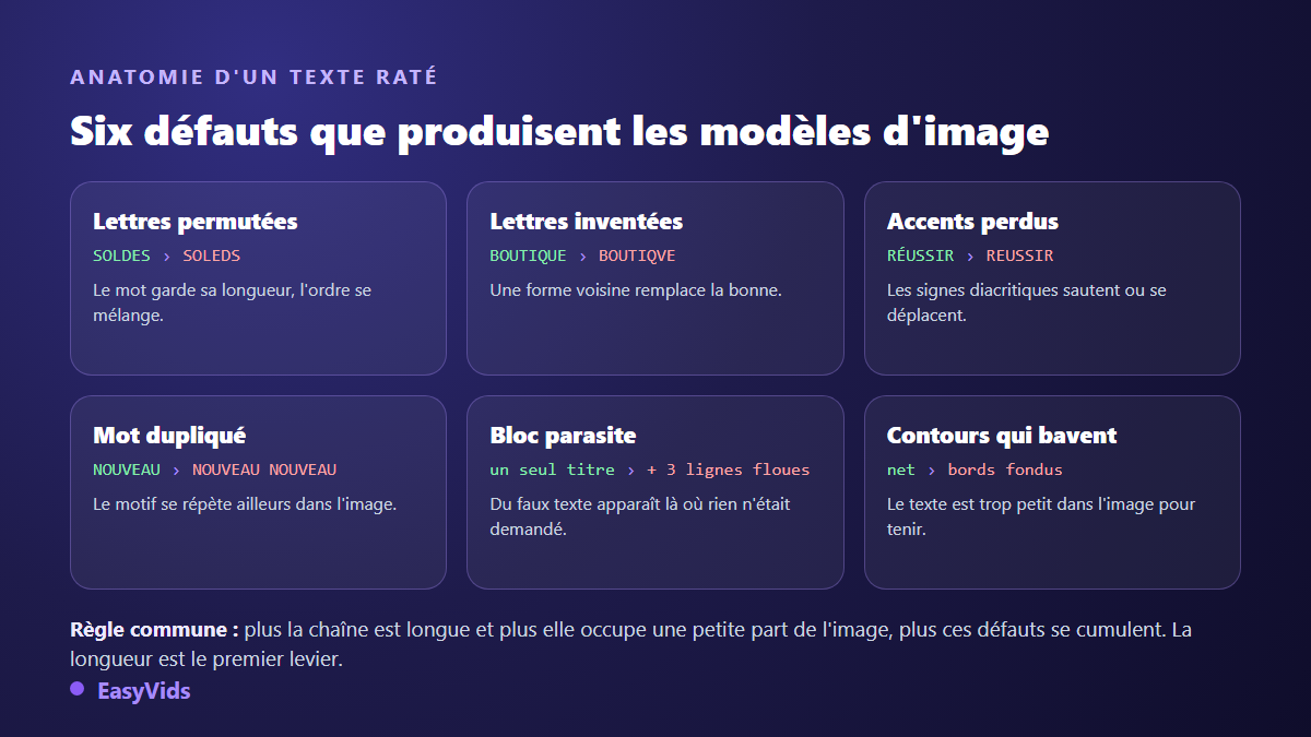 Les six défauts typiques du texte généré par IA : lettres permutées, lettres inventées, accents perdus, mot dupliqué, bloc parasite, contours flous
