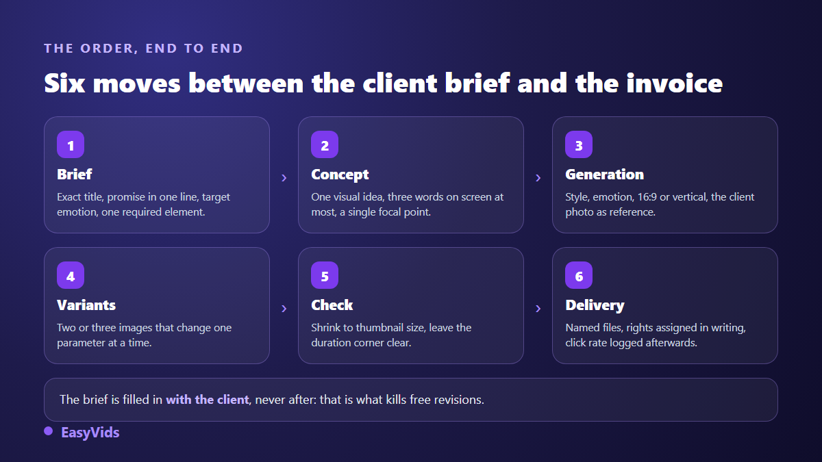 Six steps of a YouTube thumbnail order: brief, concept, generation, variants, thumbnail size check and delivery