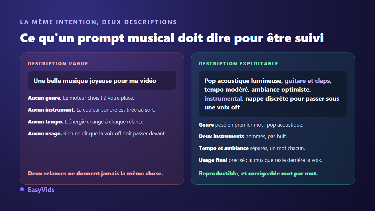 Comparaison entre un prompt de musique IA vague et un prompt structuré avec genre, instruments, tempo, ambiance et usage