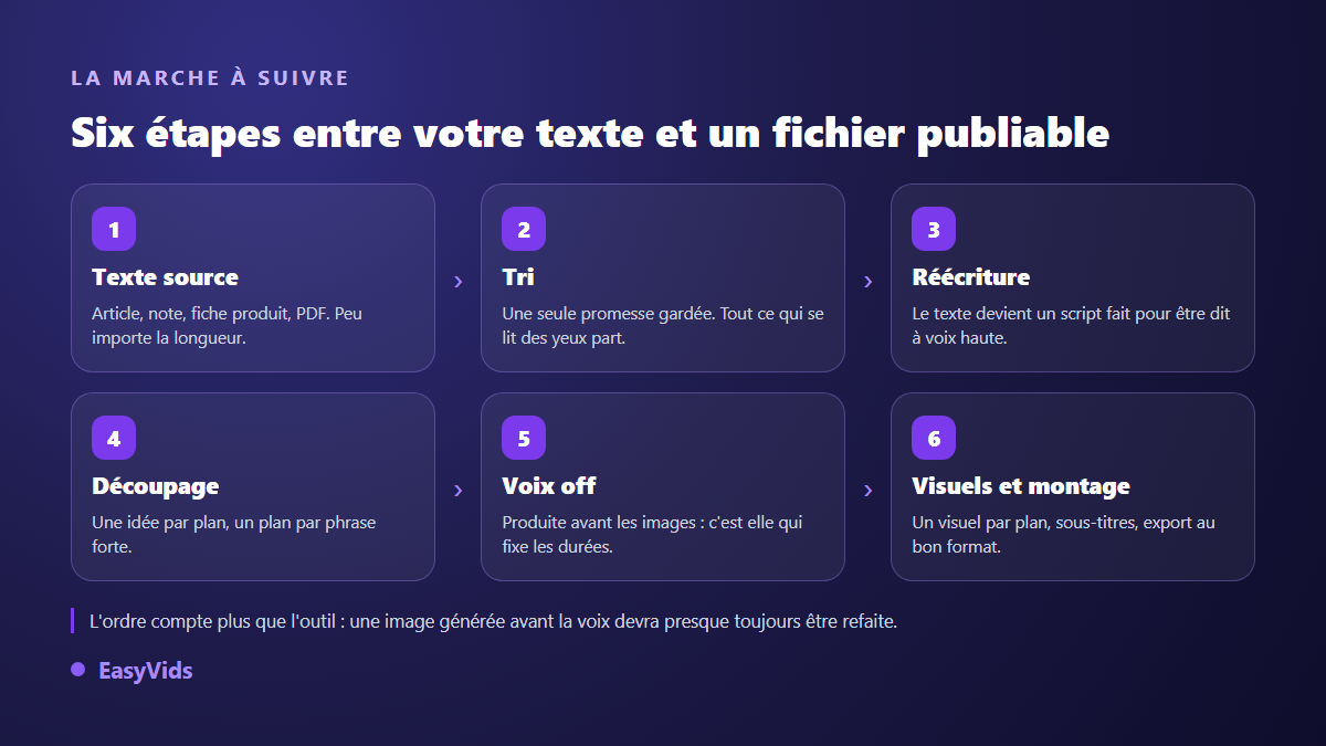 Les six étapes pour transformer un texte en vidéo : texte source, tri, réécriture, découpage en plans, voix off, visuels et montage